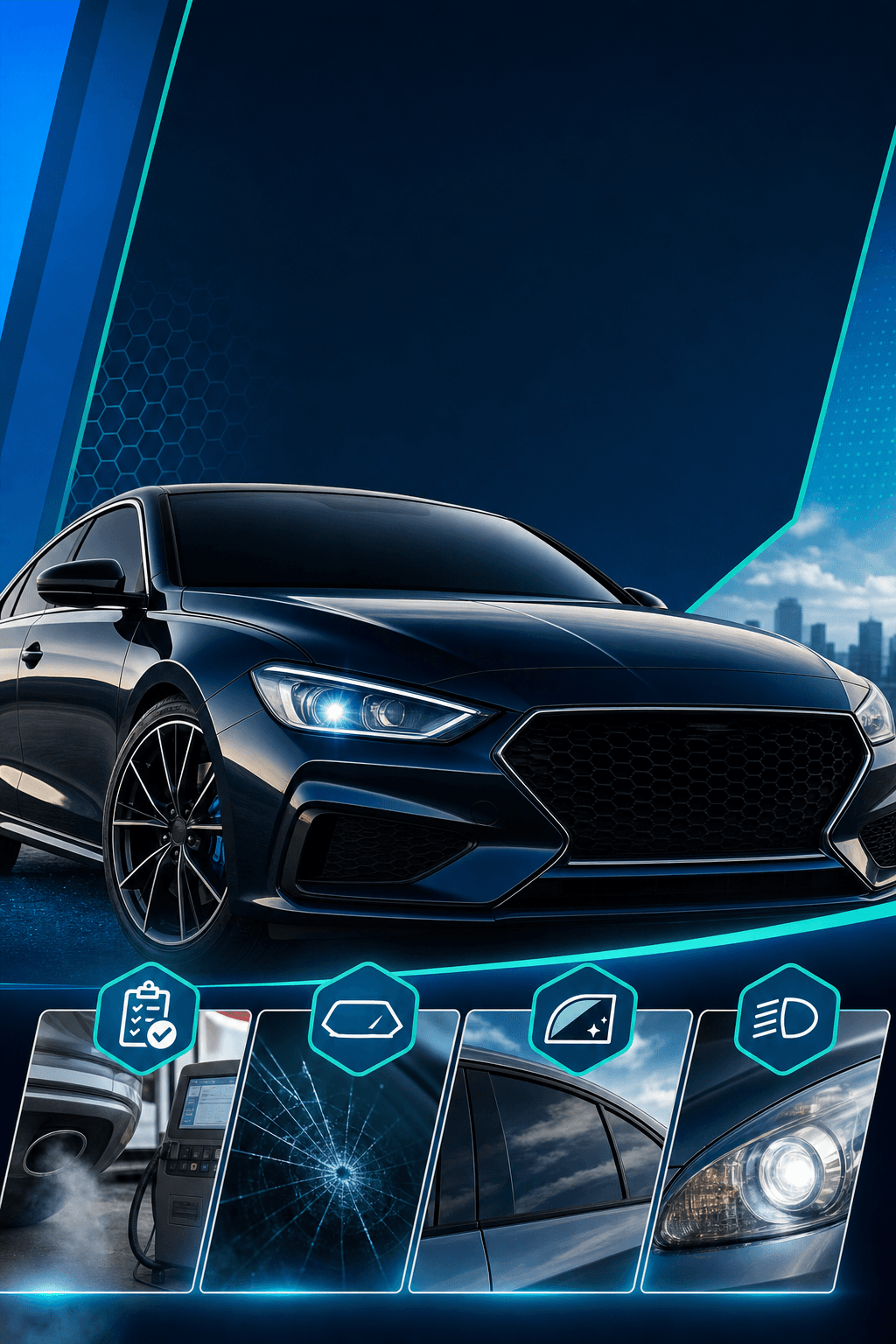 Promotional graphic for A.B.A Auto Services featuring a sleek car with tinted windows and restored headlights in blue and teal tones