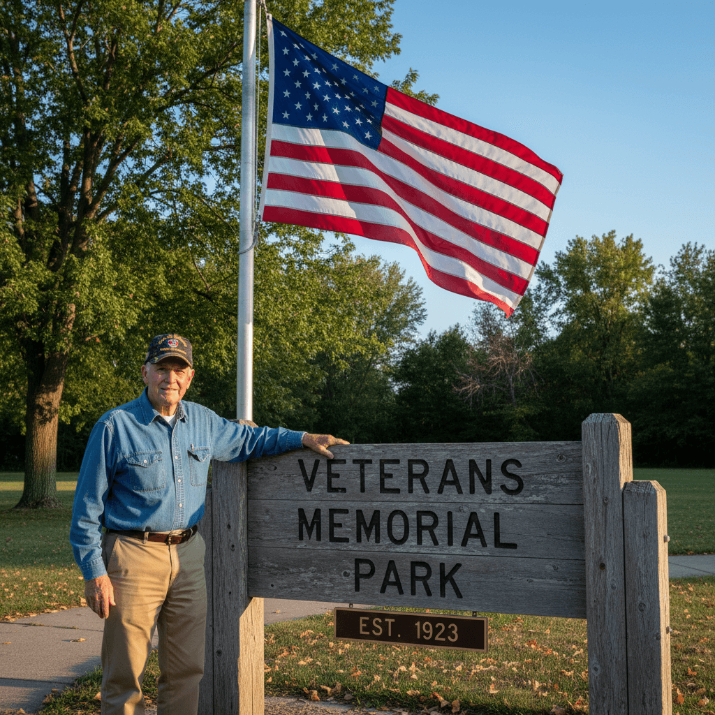 Veteran standing near a park entrance sign