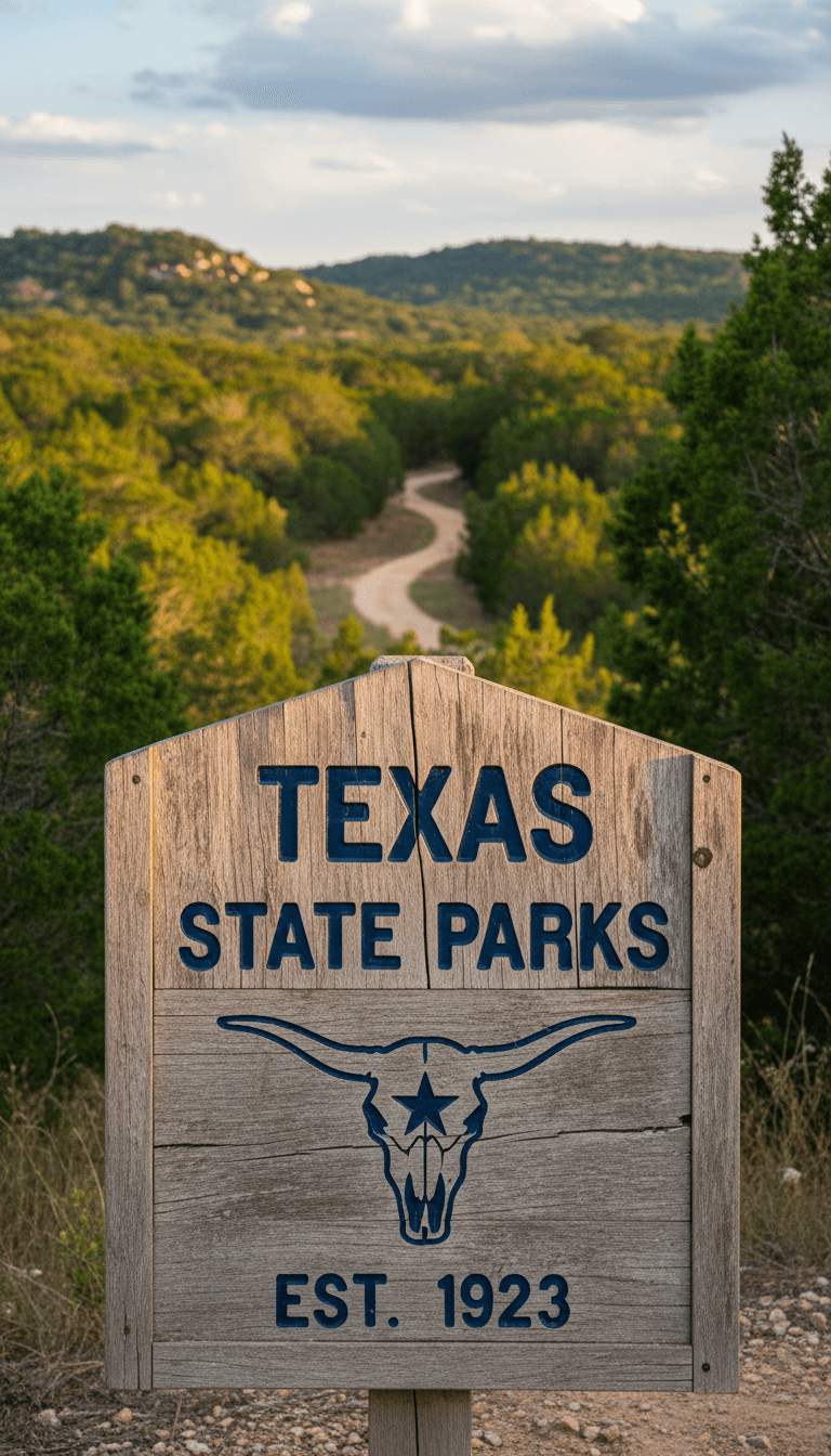 Texas state park wooden sign at park entrance