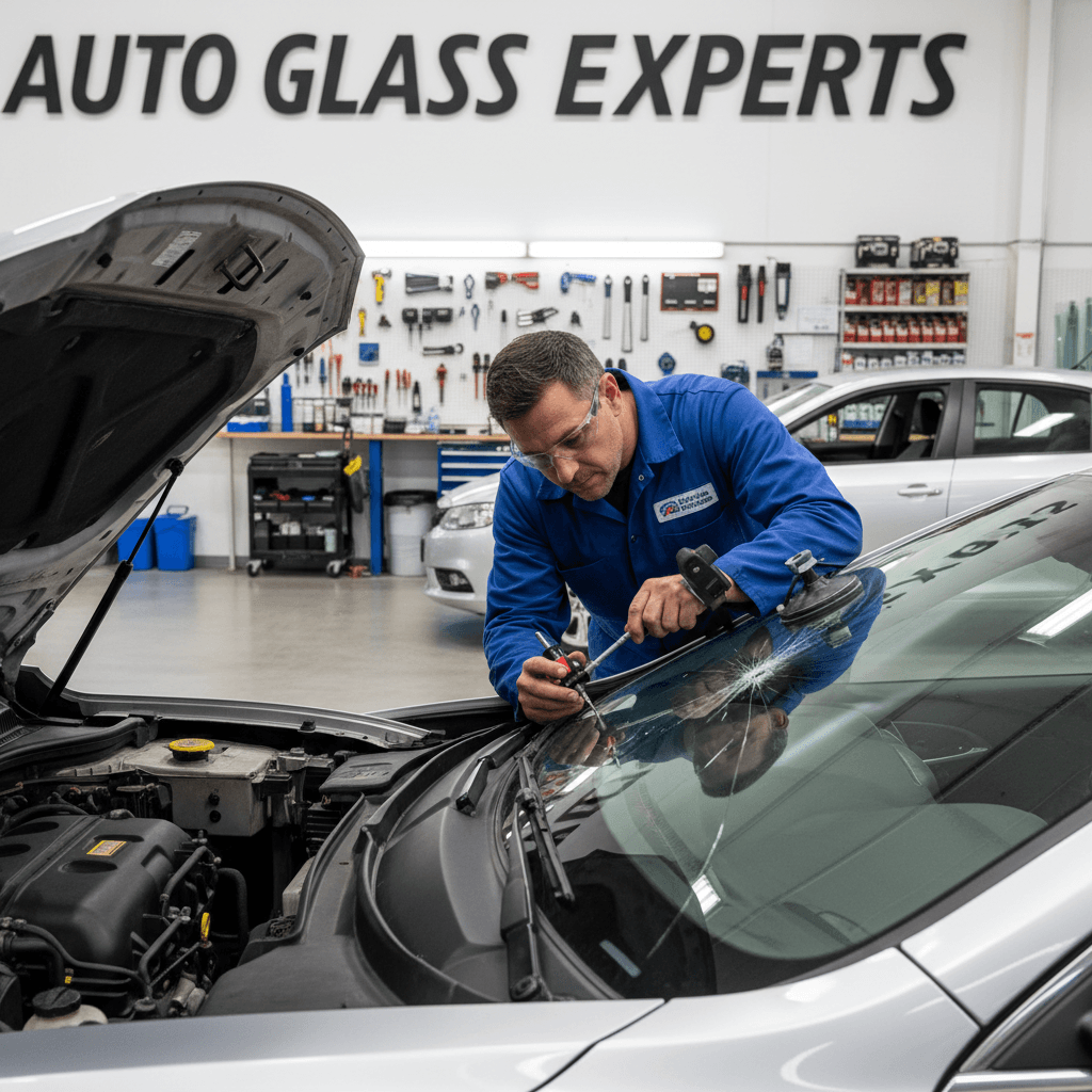Auto glass technician repairing car windshield in workshop