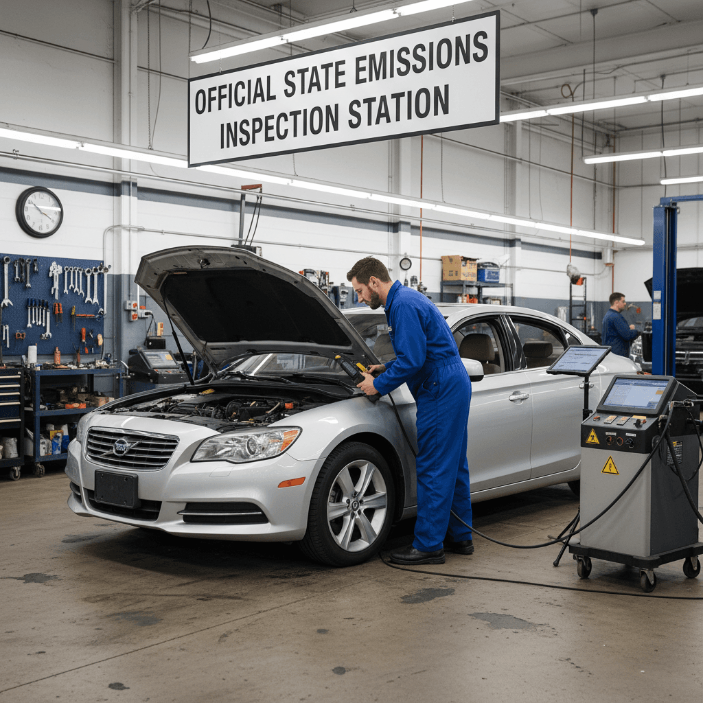 Mechanic performing state vehicle emission inspection in auto shop