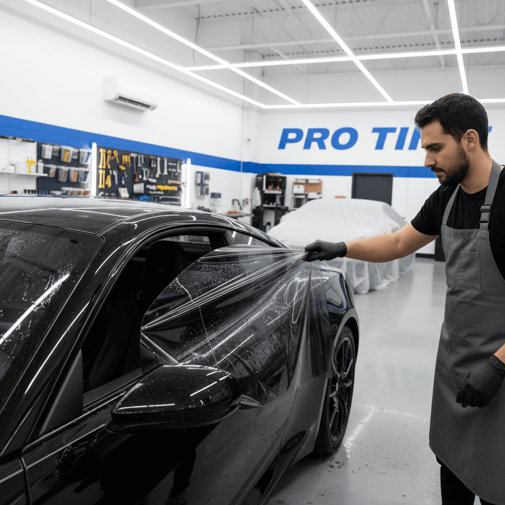 Window tinting being applied to car window in professional shop