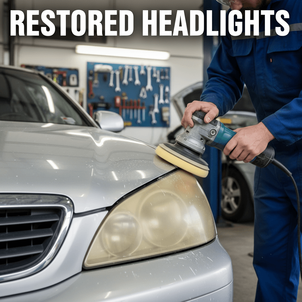 Car headlight restoration polishing in automotive garage