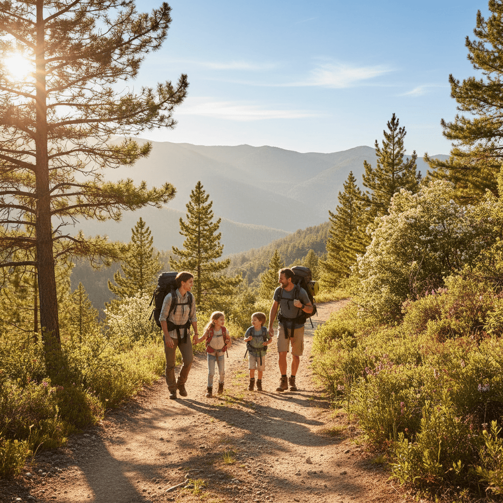 Family with children hiking on a sunny park trail