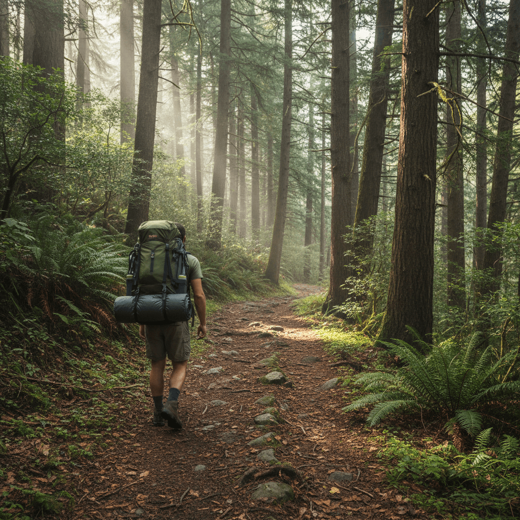 Solo hiker walking on a wooded trail