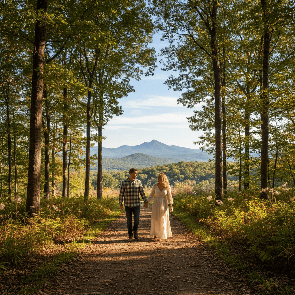 Couple walking hand in hand on a nature path