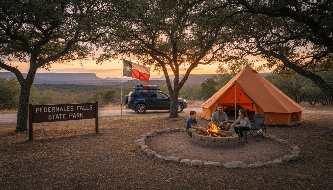 Family camping at a Texas state park with a tent and SUV
