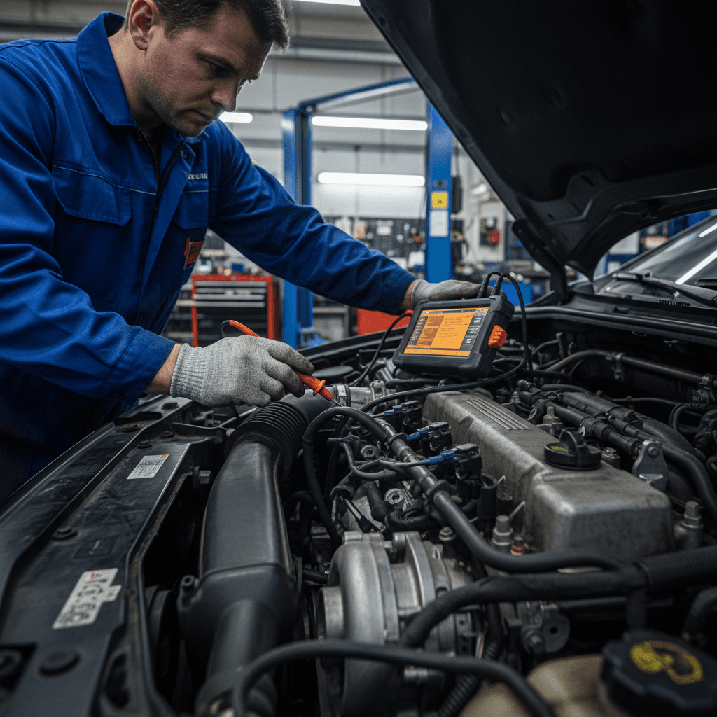 Technician inspecting a car in the shop