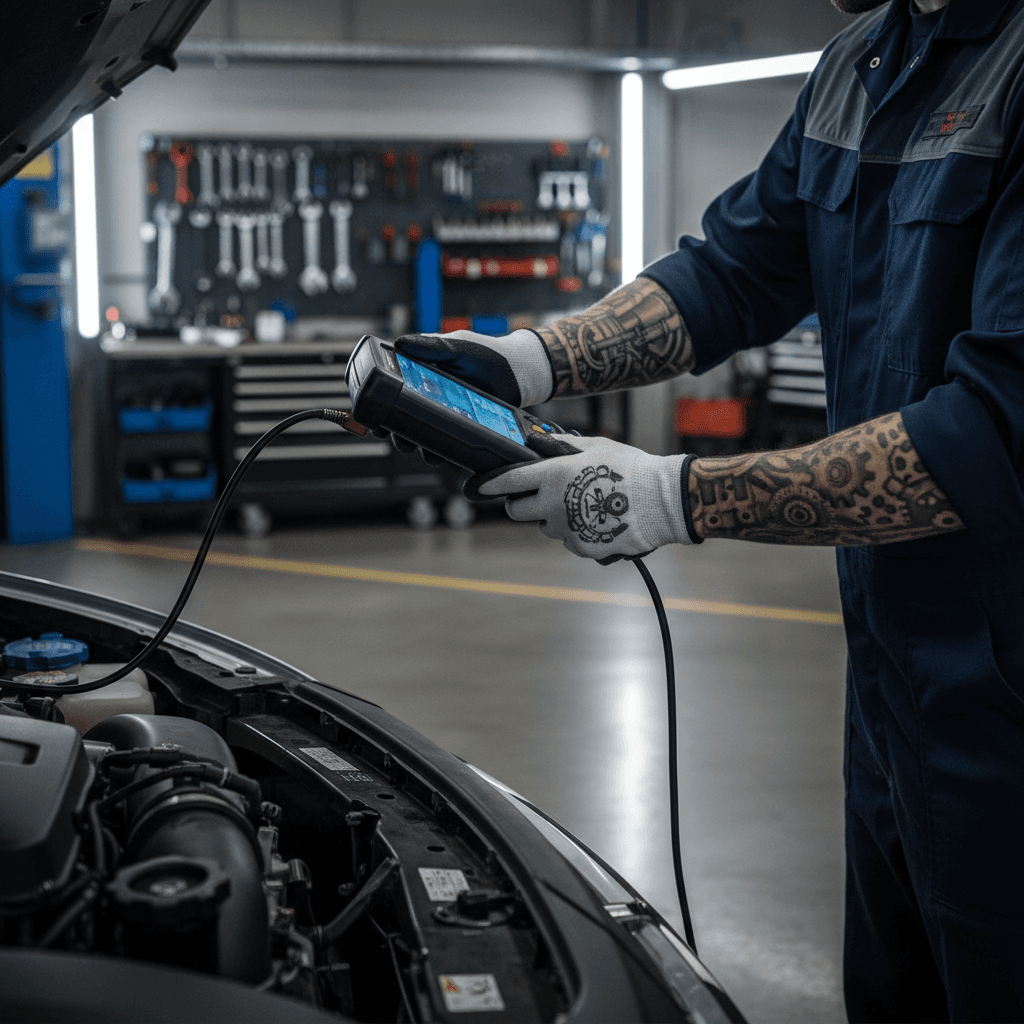 Mechanic checking a car in a clean auto service shop